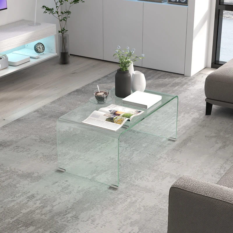 HOMCOM Rectangular Tempered Glass Coffee Table, Modern Design with Rounded Safe Edges, Clear