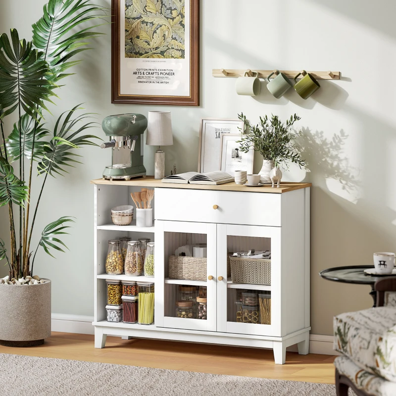 HOMCOM Sideboard with grooved tempered glass doors, drawer, 3 open compartments and adjustable shelves, white