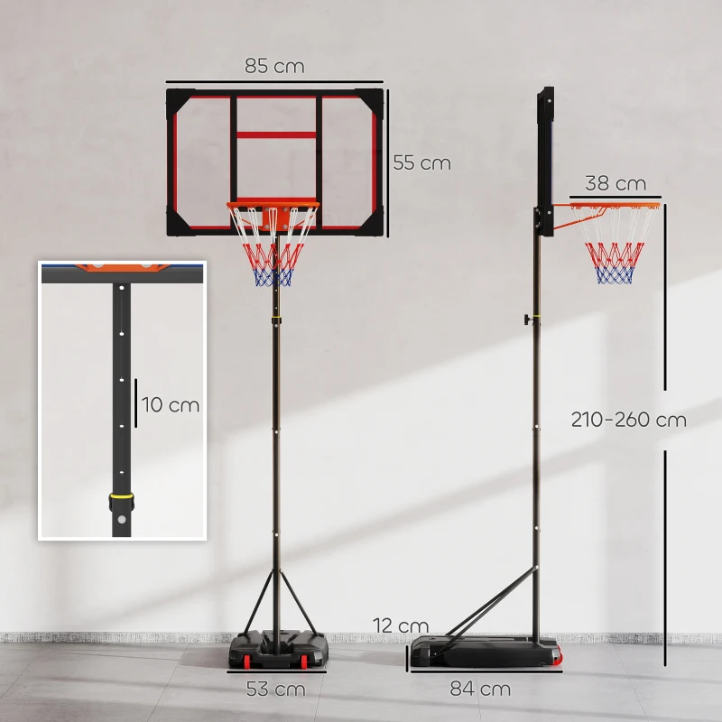 AIYAPLAY Children's Basketball Hoop, Outdoor Height-Adjustable 210-260 cm with Wheels, Ages 6+, Red