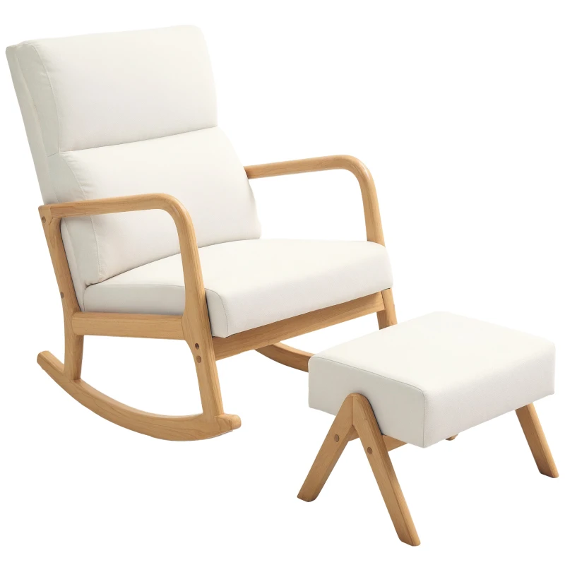 HOMCOM Rocking chair with ottoman, soft padding, linen-look, wooden frame, Cream White