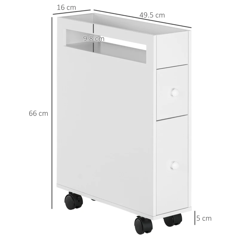 HOMCOM Niche trolley bathroom cabinet rolling cabinet, slim design, two drawers, four wheels, white, 16 x 49.5 x 66 cm