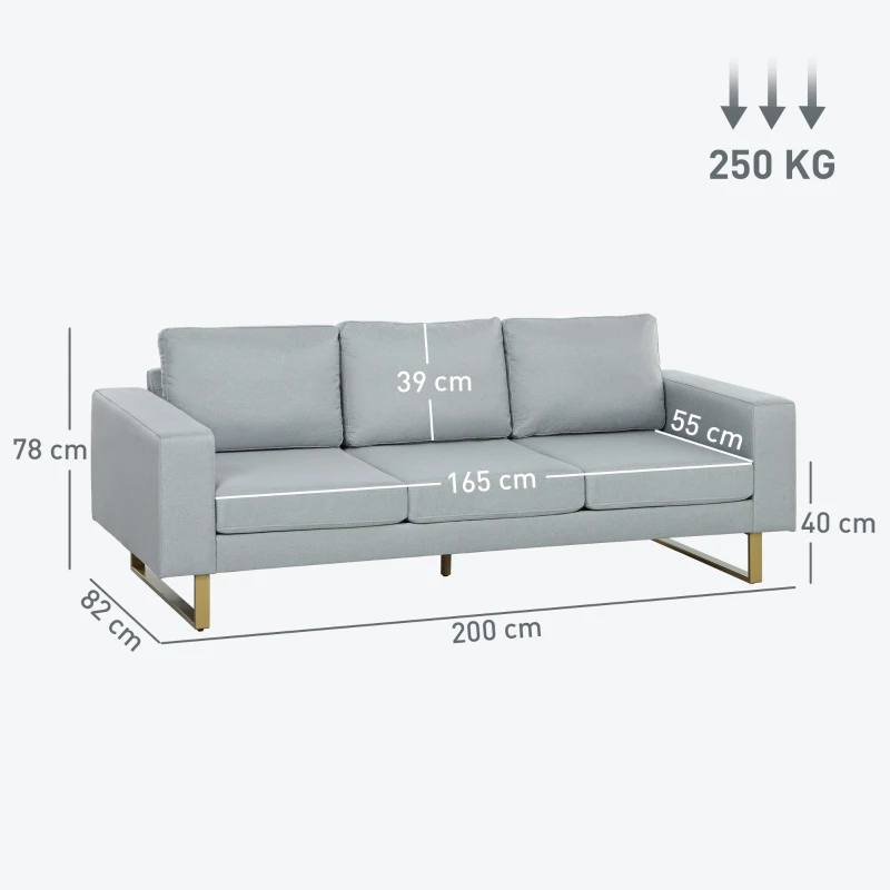 HOMCOM 3-seater sofa, couch with solid wood frame, metal legs, simple design, Light gray