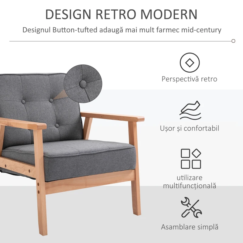 HOMCOM Fotoliu Vintage Stil Scandinav Moale și Confortabil Capitonat cu Butoni, 64,5x70x74 cm, Gri