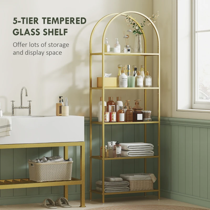 HOMCOM 5-Tier Arched Bookshelf with Tempered Storage Shelves - Gold Tone
