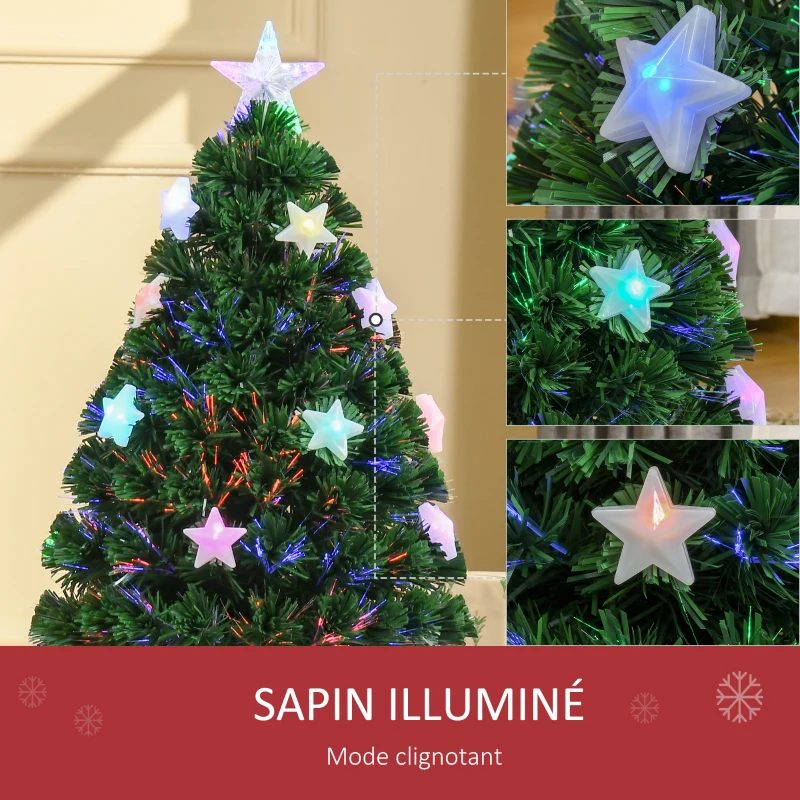 HOMCOM Sapin de Noël Artificiel Lumineux 90H cm Fibre Optique LED Multicolore + Support Pied 90 Branches étoile Sommet Brillante Vert
