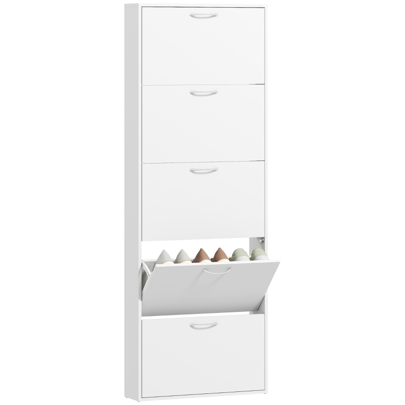 HOMCOM Zapatero 15 pares, armario zapatero estrecho moderno con 5 cajones abatibles, 65 x 17 x 180,5 cm blanco