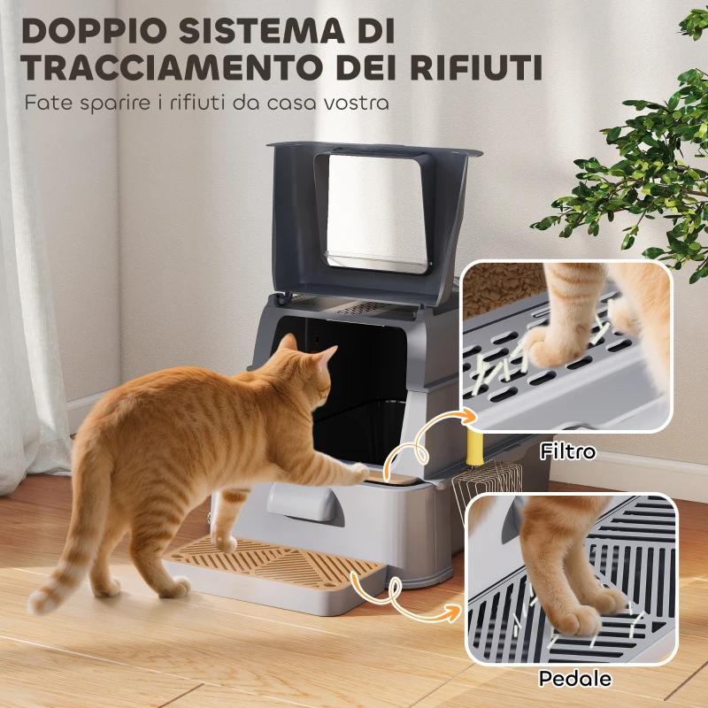 PawHut Lettiera per Gatti Chiusa da 80L con Vassoio Estraibile, in ABS e Acciaio Inox, 63x43x43 cm, Grigio Scuro