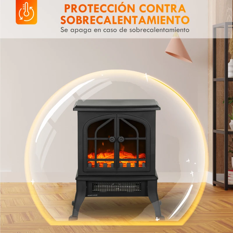 HOMCOM Chimenea Eléctrica de Pie  900/1800W Efecto Llama 3D Termostato Ajustable Ventanas Visibles para 15-30 ㎡ Negro