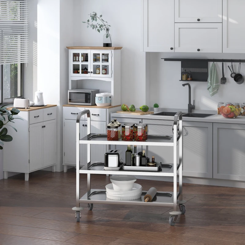 HOMCOM 3-tier Rolling Kitchen Cart Trolley Island Stainless Steel Utility Storage 90H cm