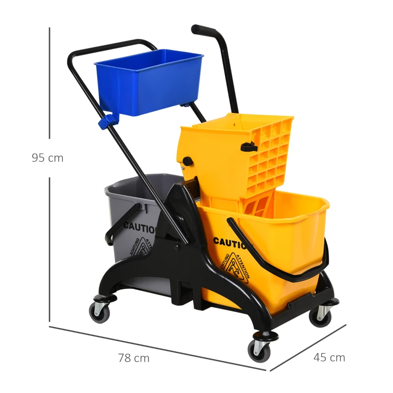 HOMCOM Cleaning Trolley Mop Bucket with Side Wringer 26 L + Storage Basket 78 x 45 x 95 cm Yellow