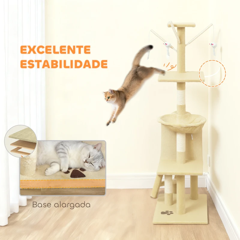 PawHut Arranhador para Gatos com Caverna Plataformas Rato de Brinquedo Rede e Postes de Sisal 60x35x134 cm Bege
