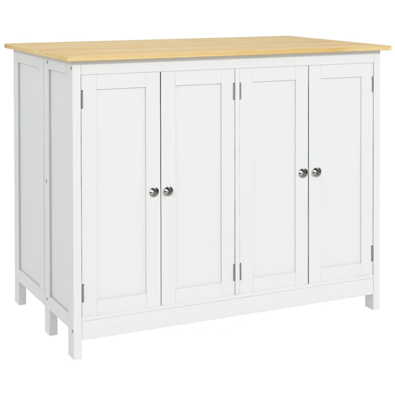 HOMCOM Kitchen island serving cart with 2 stools foldable worktop 2 cabinets with 4 doors modern design white