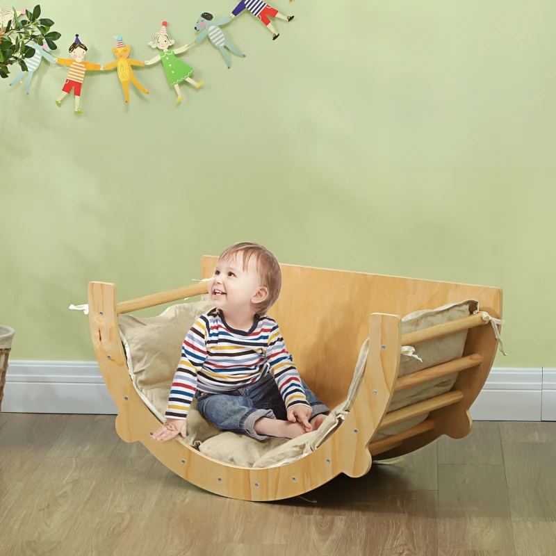 AIYAPLAY 3-in-1 Climbing Arch, Rocking Chair and Play Table with Cushion, Natural Wood, for Children 18 to 48 months