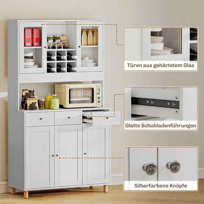 HOMCOM 180 cm Küchenschrank, 2 Glastüren, 3 Schubladen, 4 verstellbare Regale, Esszimmerschrank, Spanplatte, Weiß