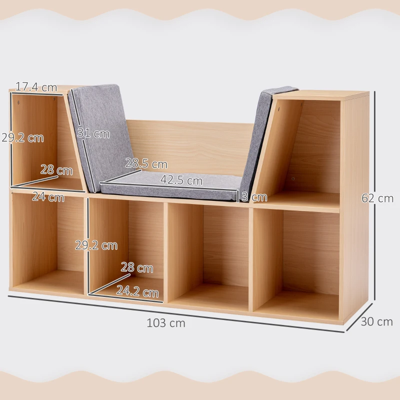 HOMCOM 2-in-1 Children's Shelf Shelf + Bench incl. Cushion 103 cm × 30 cm × 62 cm White + Gray