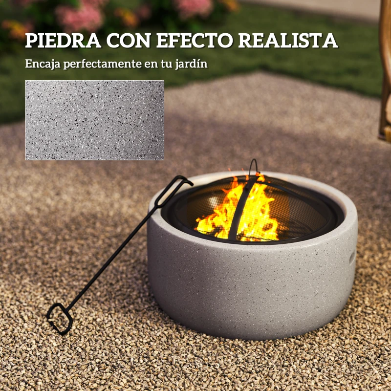 Outsunny Brasero Exterior Redondo de Metal para Madera con Atizador Pantalla Antichispas Rejilla y Manija Ø45x34 cm Gris