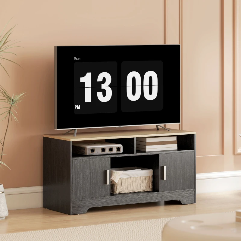 HOMCOM TV-Bank Holz mit 2 Nischen, 2 Schränken mit Tür, 1 offenem Schrank, 105 x 40 x 52 cm, Holzoptik schwarz