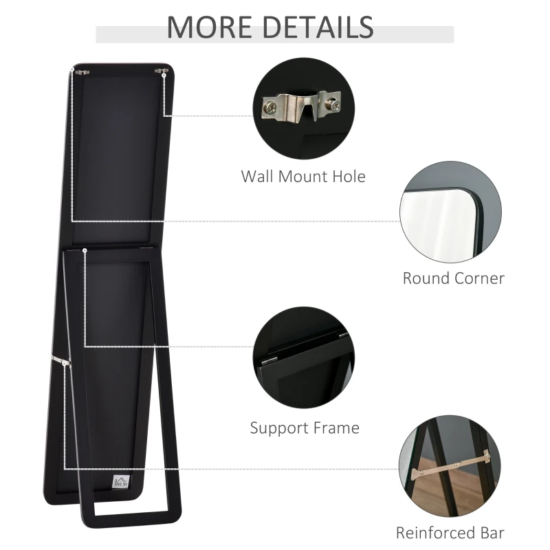 HOMCOM Full Length Mirror Floor Standing or Wall Mount Dressing Mirror Bedroom Black