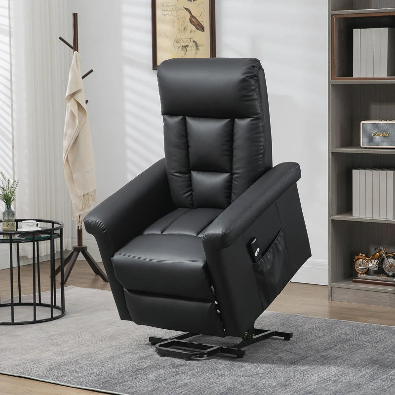 HOMCOM Power Lift Chair Armchair for the Elderly, PU Leather Recliner Chair with Extended Footrest, Remote Control and Side Pocket, Black