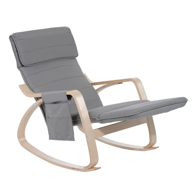 HOMCOM Rocking Chair W/Adjustable Footrest & Side Pocket-Grey