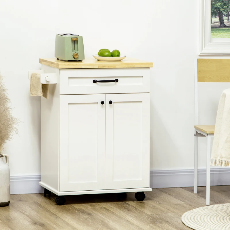 HOMCOM Multi-storage kitchen trolley on wheels 1 drawer 1 cabinet 1 towel rack white with wooden top