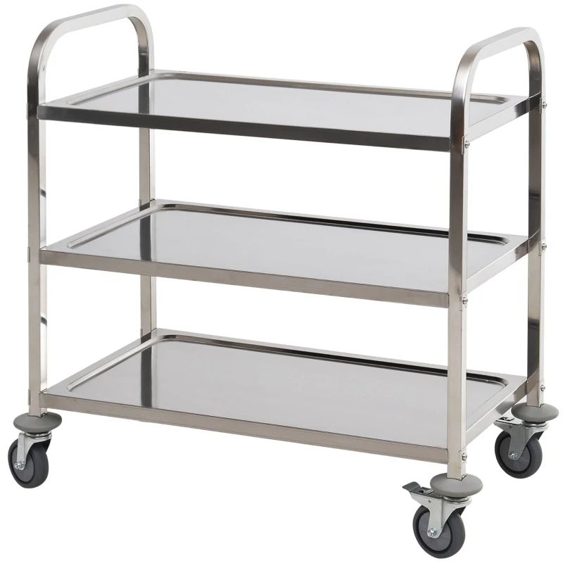 HOMCOM 3-tier Rolling Kitchen Cart Trolley Island Stainless Steel Utility Storage 90H cm