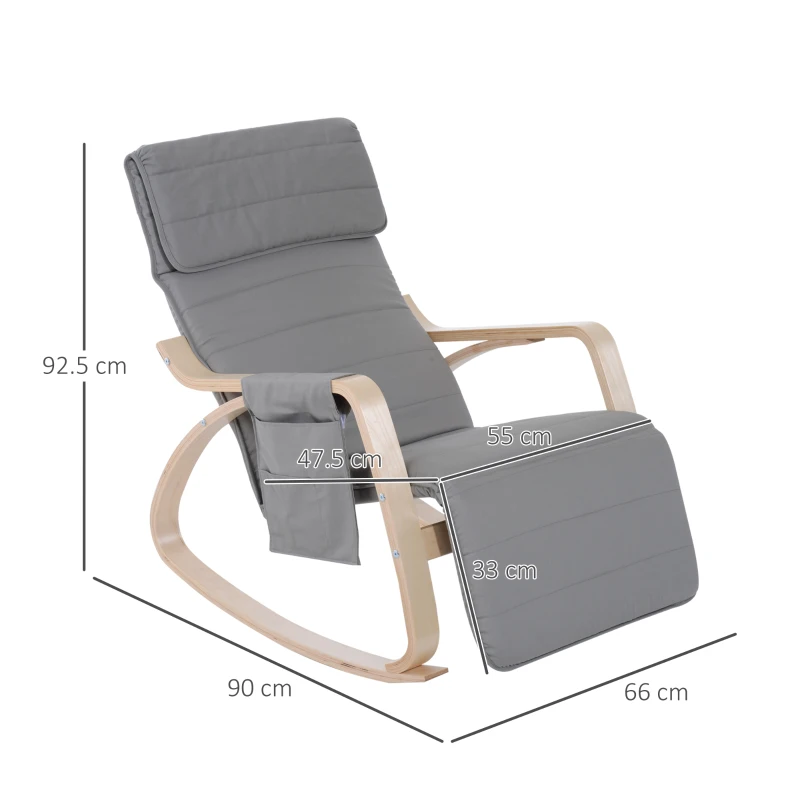 HOMCOM Rocking Chair W/Adjustable Footrest & Side Pocket-Grey