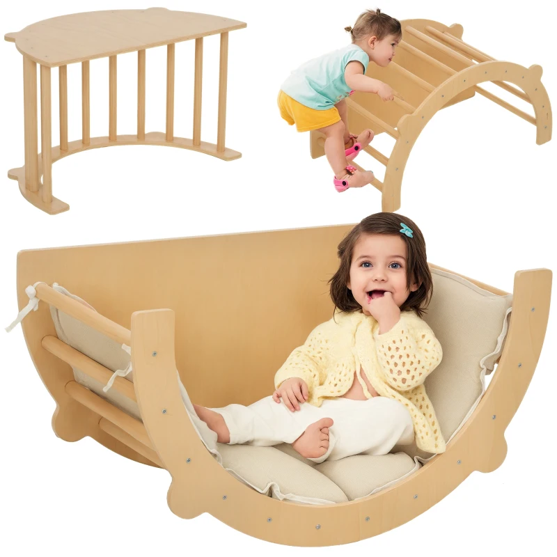 AIYAPLAY 3-in-1 Climbing Arch, Rocking Chair and Play Table with Cushion, Natural Wood, for Children 18 to 48 months