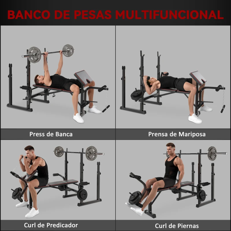 SPORTNOW Banco de Pesas con Soportes para Barra y Respaldo Ajustable para Entrenamiento Completos de Cuerpo Negro