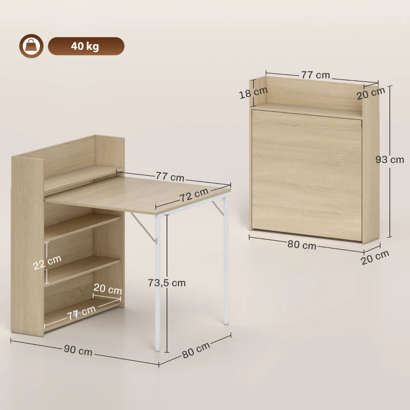 HOMCOM Table pliante extensible avec étagère, design industriel, gain de place, pour petits espaces, 80x90x93cm, Chêne