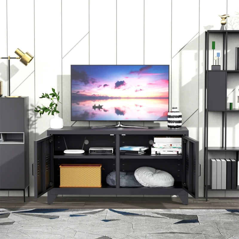 HOMCOM Industrial TV Cabinet Stand Media Center Steel Shelf Doors Storage System Black