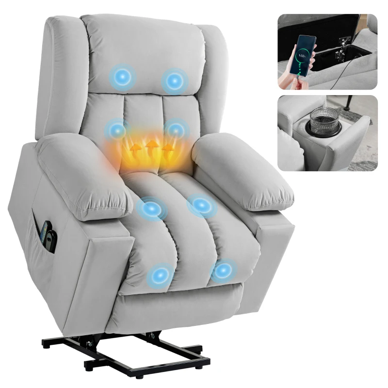 HOMCOM Velvet-Feel Electric Riser, Recliner and Massage Armchair - Light Grey