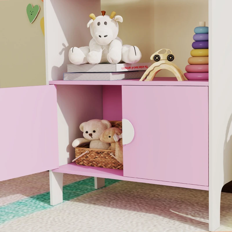 AIYAPLAY Children's bookcase, 2 shelves, 2 cabinets, freestanding, anti-tip design, non-slip feet, MDF, Pink+White