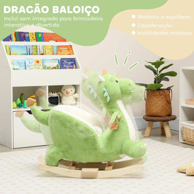 AIYAPLAY Baloiço para Bebés com Som de Dragão Base de Madeira Cinto de Segurança para Crianças de 18-36 Meses 65x38x72 cm Verde