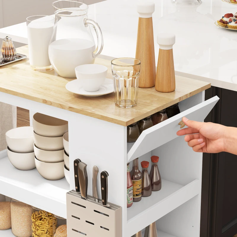 HOMCOM Kitchen island trolley rolling cart rubberwood top 4 adjustable shelves knife holder white