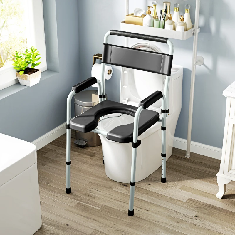 HOMCOM Folding non-slip adjustable-height commode chair, padded seat and armrests, 150 kg capacity, black