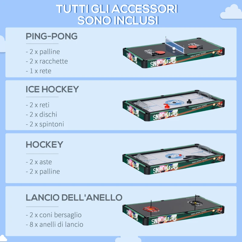 HOMCOM Tavolo da Gioco 6 in 1 con Calcio Balilla, Biliardo, Air Hockey, Ping Pong, Anelli e Hockey su Prato, 118x104x71 cm