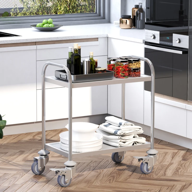 HOMCOM Kitchen Serving Trolley on Wheels, 2 Shelves, 80L x 45l x 82H cm, Chrome-Plated Stainless Steel