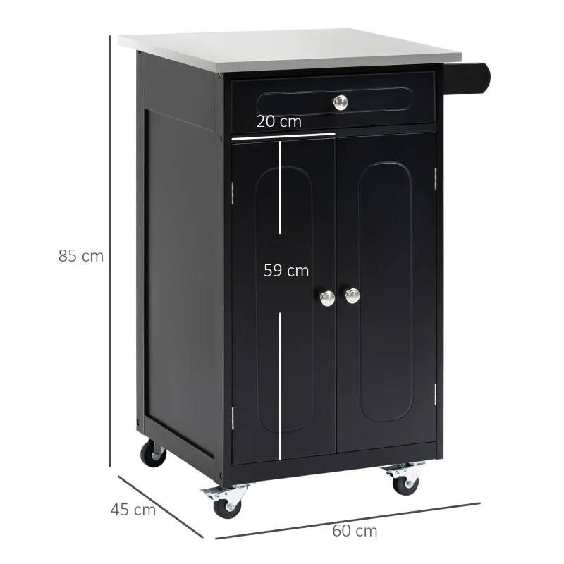 HOMCOM Multi-storage wheeled kitchen serving cart, 1 drawer, 2-door cabinet with shelf and towel holder, MDF, black, stainless steel