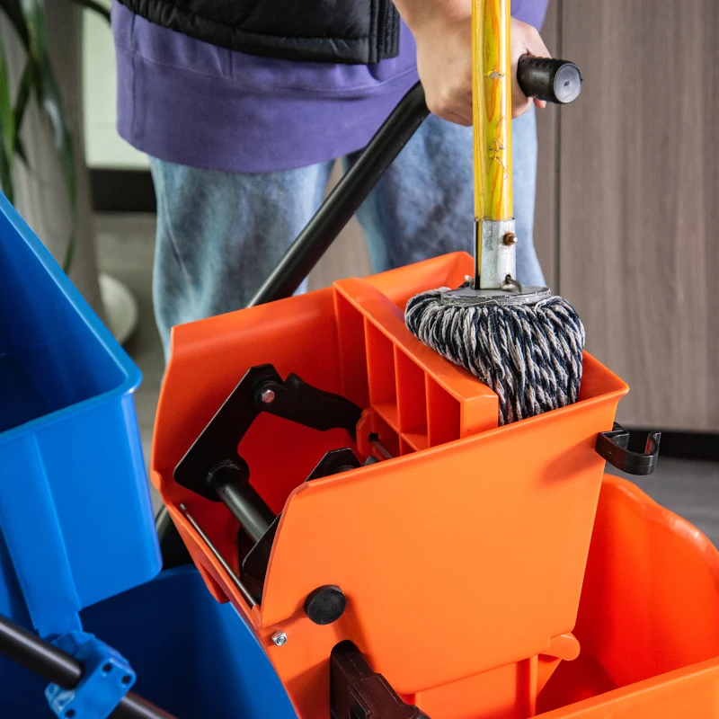 HOMCOM Cleaning Trolley Professional Mopping Cart Lateral Wringer 26 L Bucket + Storage Basket 78 x 45 x 95 cm Orange