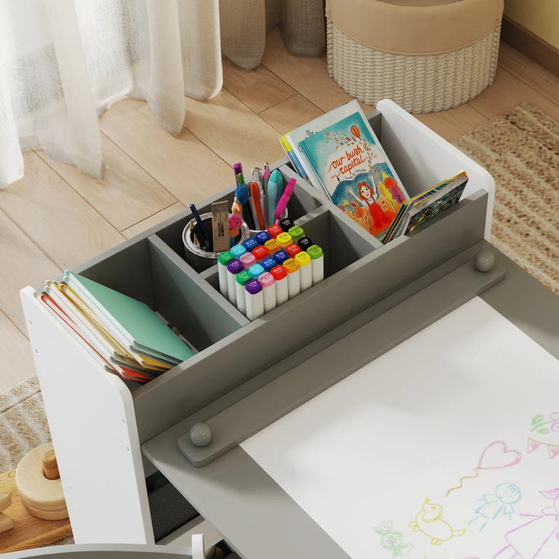 AIYAPLAY Children's table and 2 chairs wooden set with paper roll, shelves and drawers, for girls and boys 3-8 years, gray