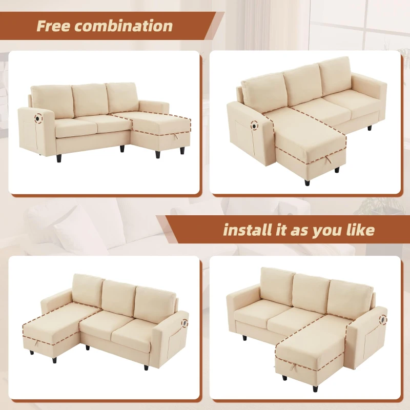 3-seater L-Shaped Sofa Bed with Reversible Chaise, USB and Type-C Charging, Convertible Sleeper for Living Room, 180L x 120W x 72H cm, Beige