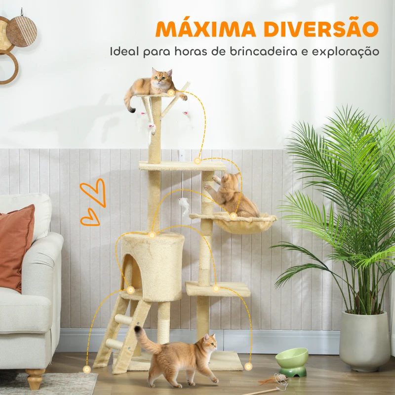 PawHut Arranhador para Gatos com Caverna Plataformas Rato de Brinquedo Rede e Postes de Sisal 60x35x134 cm Bege