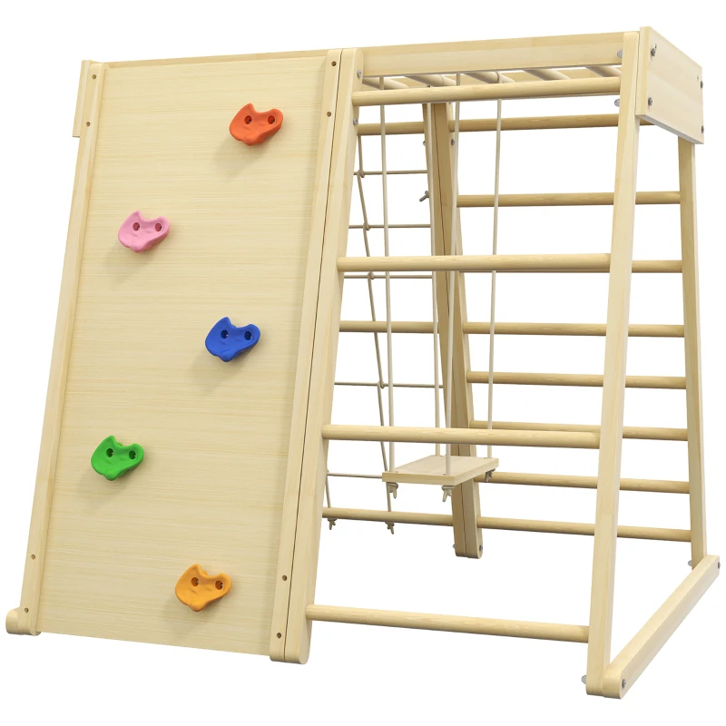 HOMCOM 5-in-1 Climbing Set with Swing, Climbing Wall, Rope and Wooden Monkey Bars for Kids