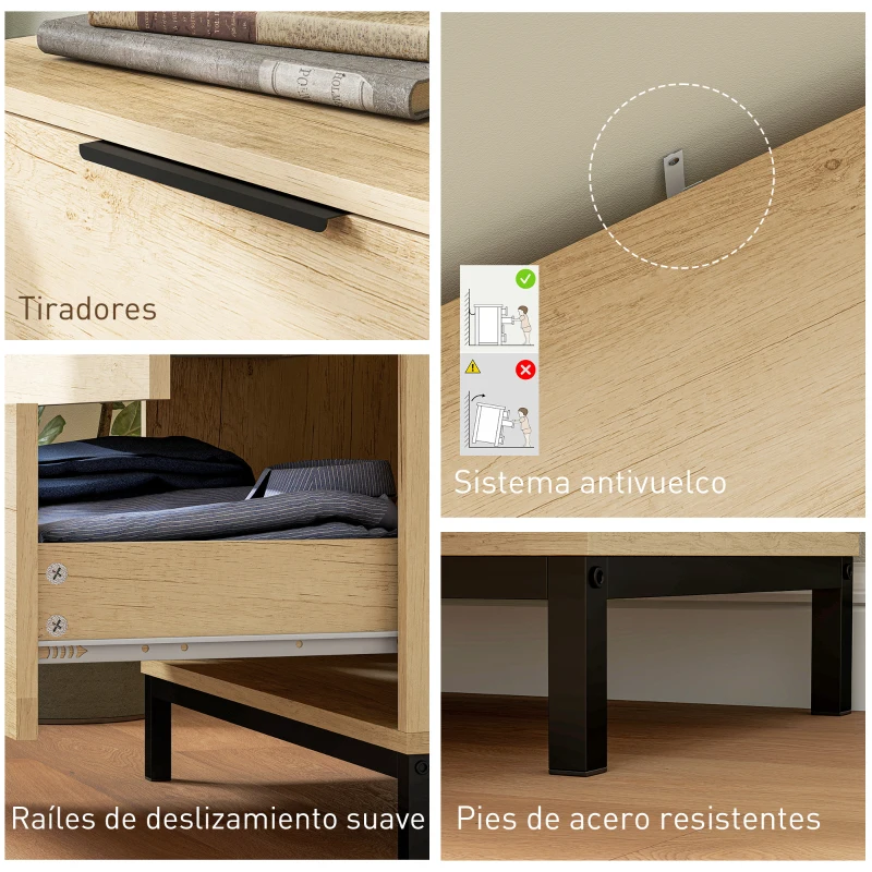 HOMCOM Cómoda para Dormitorio Alta con 4 Cajones Tiradores Metálicos Cajonera Estrecha para Salón Pasillo 62x35x105 cm Natural