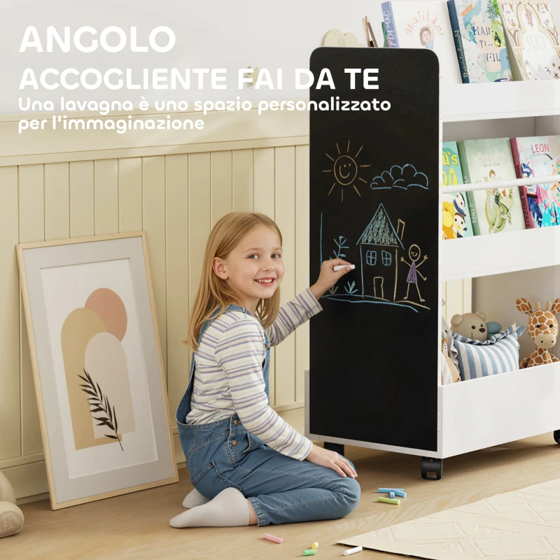 AIYAPLAY Libreria per Bambini 3-8 Anni a Due Lati, Scaffale Portagiochi con Ruote e Lavagna Nera, Bianco