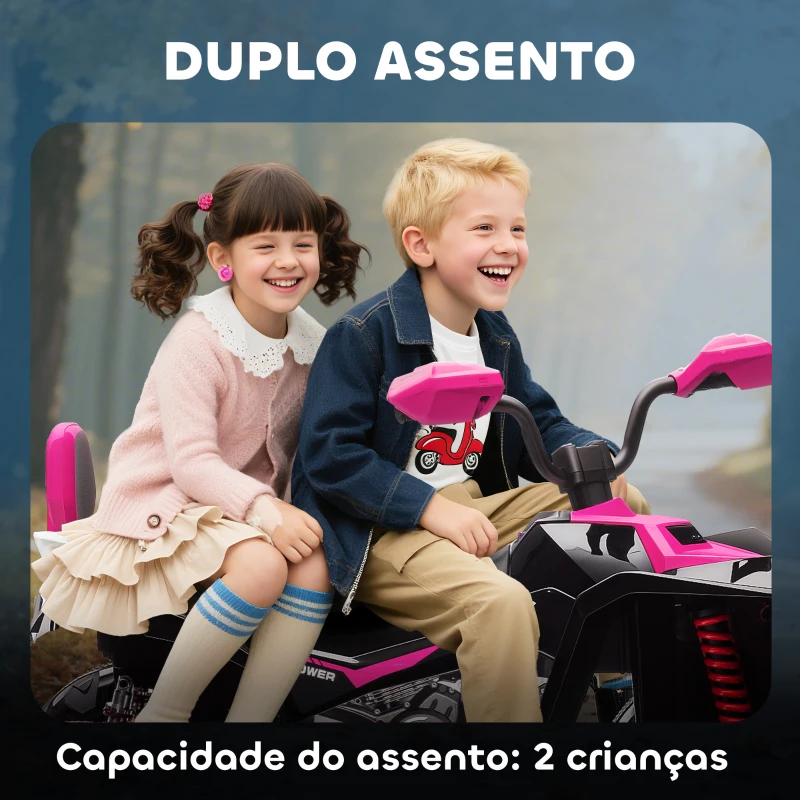 AIYAPLAY Quadricilo Elétrico para Crianças 24V com 2 Lugares 2 Motores Velocidade até 6,5 km/h Faróis Buzina Música e USB 109x68,5x76 cm Rosa