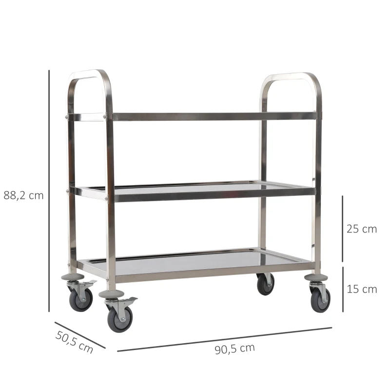 HOMCOM 3-tier Rolling Kitchen Cart Trolley Island Stainless Steel Utility Storage 90H cm