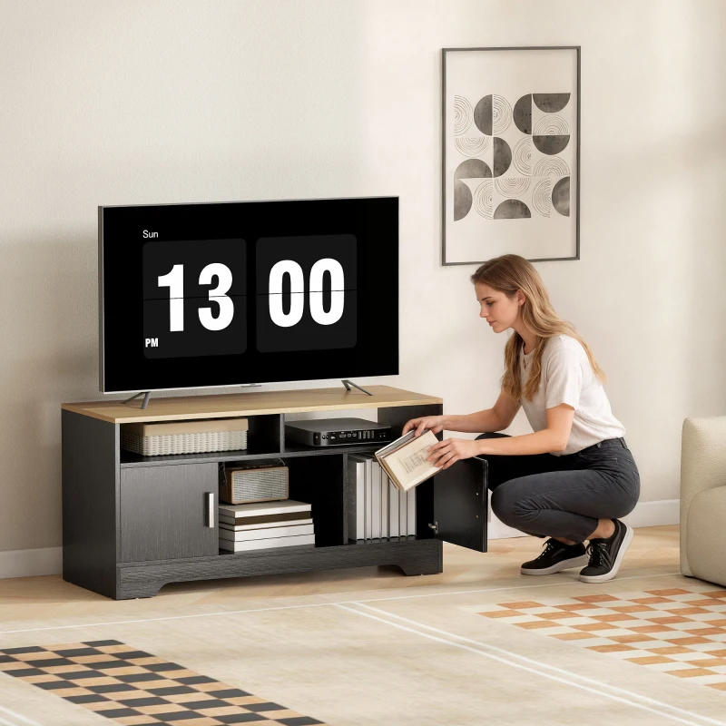 HOMCOM TV-Bank Holz mit 2 Nischen, 2 Schränken mit Tür, 1 offenem Schrank, 105 x 40 x 52 cm, Holzoptik schwarz