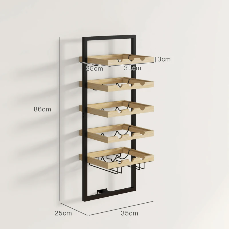 HOMCOM Bottle shelf bottle rack 5 levels for 15 bottles 4 glasses 35 x 25 x 86 cm pine wood natural wood
